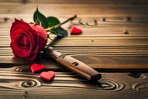 a single red rose on a wooden table with hearts. AI-Generated photo