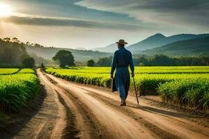 a man walking through a rice field. AI-Generated photo