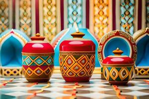 three colorful vases are on a table. AI-Generated photo