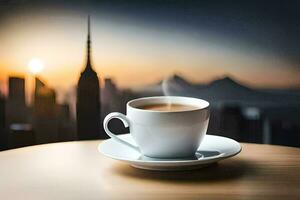 a cup of coffee with a view of the city. AI-Generated photo