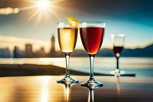 two glasses of champagne on a table with the sun in the background. AI-Generated photo