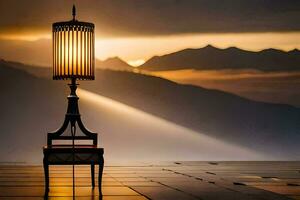 un silla y lámpara sentado en un balcón con vista a el montañas. generado por ai foto
