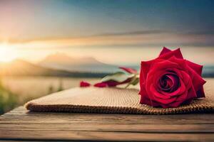 a single red rose sits on a wooden table with the sun in the background. AI-Generated photo