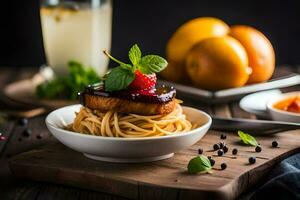 a plate of spaghetti with meat and fruit on it. AI-Generated photo