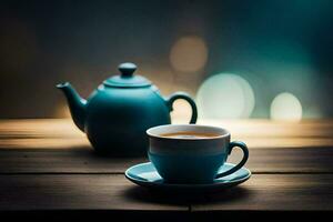 a cup of tea and a teapot on a wooden table. AI-Generated photo