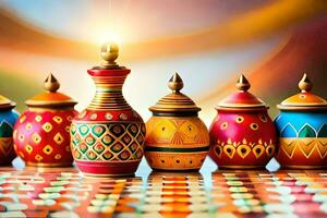 a row of colorful vases with candles. AI-Generated photo