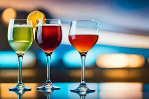 three glasses of different colored drinks on a table. AI-Generated photo