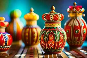 colorful vases on a table with a chess board. AI-Generated photo