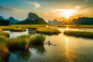 the sunrise over the li river. AI-Generated photo