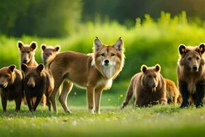 un grupo de marrón osos en pie en el césped. generado por ai foto