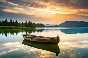 a boat sits on the calm waters of a lake. AI-Generated photo