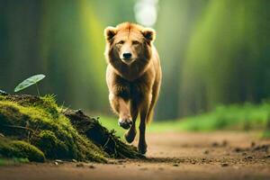 a lion running on a dirt road in the forest. AI-Generated photo