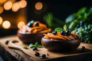 two bowls of food with blueberries and carrots. AI-Generated photo