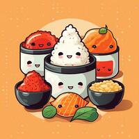 dibujos animados japonés alimento. gracioso kawaii caracteres asiático alimento. ai generativo foto