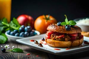 a hamburger with berries and blueberries on a plate. AI-Generated photo