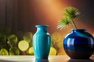 two blue vases with a plant in the middle. AI-Generated photo