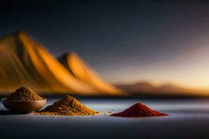 spices in a bowl and a mountain in the background. AI-Generated photo