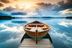 a boat sits on the dock at sunset. AI-Generated photo