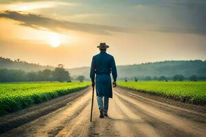 un hombre en un sombrero camina abajo un suciedad la carretera. generado por ai foto