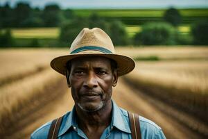 a man in a hat stands in a field. AI-Generated photo