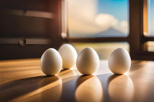 four eggs are sitting on a table in front of a window. AI-Generated photo
