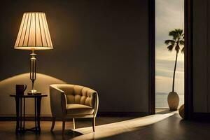 a chair and lamp in front of a window. AI-Generated photo