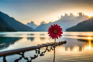 a red flower sits on a chain in the middle of a lake. AI-Generated photo