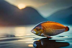 un pescado es flotante en el agua con un montaña en el antecedentes. generado por ai foto