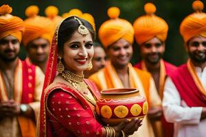 a bride in traditional indian attire holding a pot. AI-Generated photo