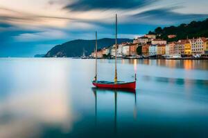 a red boat sits on the water in front of a town. AI-Generated photo