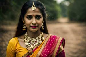 a woman in a sari with gold jewelry. AI-Generated photo