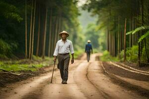 un hombre caminando abajo un suciedad la carretera con caña. generado por ai foto