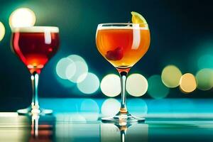 two glasses of cocktails with a colorful background. AI-Generated photo