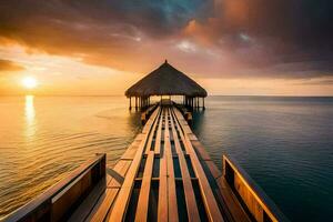 a wooden pier leads to a beach hut at sunset. AI-Generated photo