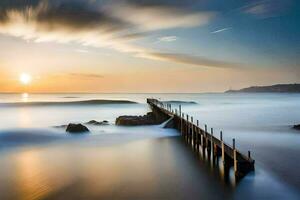 a long exposure photograph of a pier in the ocean. AI-Generated photo
