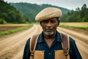 a man wearing a hat stands on a dirt road. AI-Generated photo