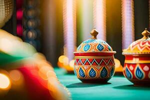 two colorful decorative pots sitting on a table. AI-Generated photo