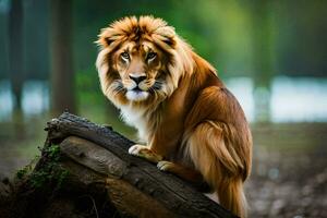 a lion sitting on a log in the woods. AI-Generated photo