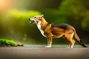 a dog standing on the road with its mouth open. AI-Generated photo