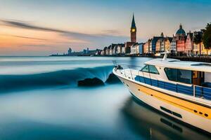 a boat is docked in the water at sunset. AI-Generated photo