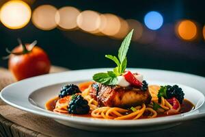 a plate of food with pasta and vegetables. AI-Generated photo