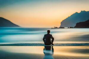 a man in a suit sits on the beach at sunset. AI-Generated photo