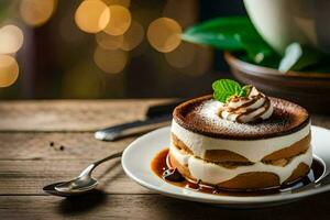 torte with chocolate and cream on a wooden table. AI-Generated photo