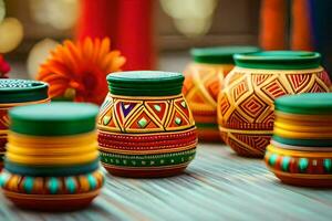 colorful pots with designs on them sit on a table. AI-Generated photo
