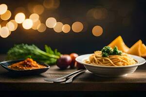 spaghetti with tomato sauce and cheese on a wooden table. AI-Generated photo