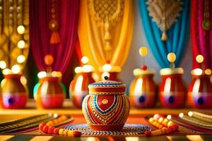 colorful vases and candles sit on a table. AI-Generated photo