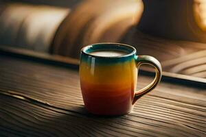 a colorful coffee cup sits on a wooden table. AI-Generated photo