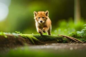 a puppy running across a path in the forest. AI-Generated photo