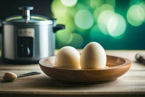 two eggs in a bowl next to an electric pressure cooker. AI-Generated photo