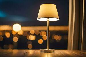 a table lamp on a table in front of a window. AI-Generated photo